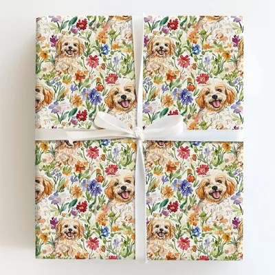 Garden with the Cavapoo - Gift Wrap for Christmas, Holidays Wrapping Paper, Christmas Wrapping Paper