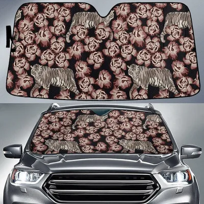 Big Tiger Over Dried Roses Forest Black Theme Car Sun Shades Cover Auto Windshield PrintSyde