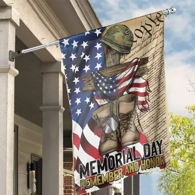 Memorial Day Vertical House Flag, American Soldier Boots Cross And Helmet, Patriotic Remember And Honor Military Flag For Home Yard Decoration Vertical House Flag