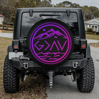 Neon Purple Pink God Is Greater Spare Tire Cover, Faith Symbol Graphic, Stylish Wheel Protector, Religious Accessory Spare Tire Cover