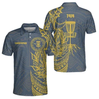 Christopher Polo Polo Shirt, Tribal Totem Design, Blue Yellow Geometric Pattern, Trophy Emblem, Polynesian Inspired Style