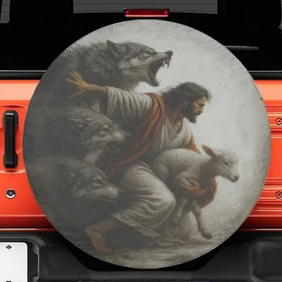 Jesus And Lamb Wolf Christian Spare Tire Cover Without Backup Camera Hole, Faith Based Spare Tire Cover Spare Tire Cover