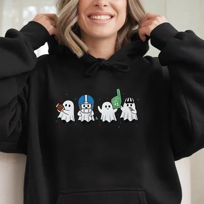 Cute Halloween Ghost Football Hoodie Funny Fall Game Day Hoodie With Spooky Sports Theme Blue Hoodie For Fans