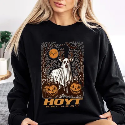 Unisex Hoyt Archery Sweatshirt, Deer Ghost Pumpkin Graphic Sweatshirt, Halloween Spooky Hunting Event Sweatshirt