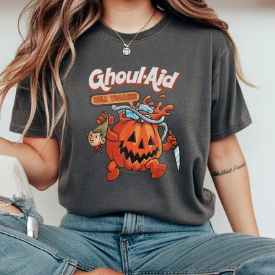 Men S Halloween Ghoul Aid Pumpkin Graphic T-Shirt For Casual Wear Menswear Top Black