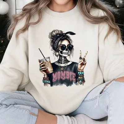 Mombie Halloween Sweatshirt, Cool Skeleton Mom Graphic With Coffee & Peace Sign, Spooky Mom Life Outfit