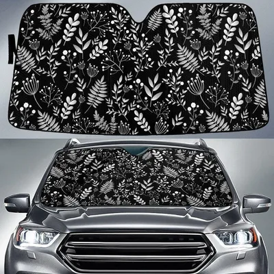 Black And White Fern And Spring Leaves Black Theme Car Sun Shades Cover Auto Windshield PrintSyde
