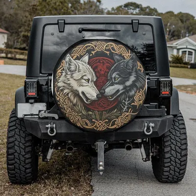 Celtic Knot Wolves Spare Tire Cover, Black And White Wolf Art, Heavy Duty Vinyl Protector Spare Tire Cover