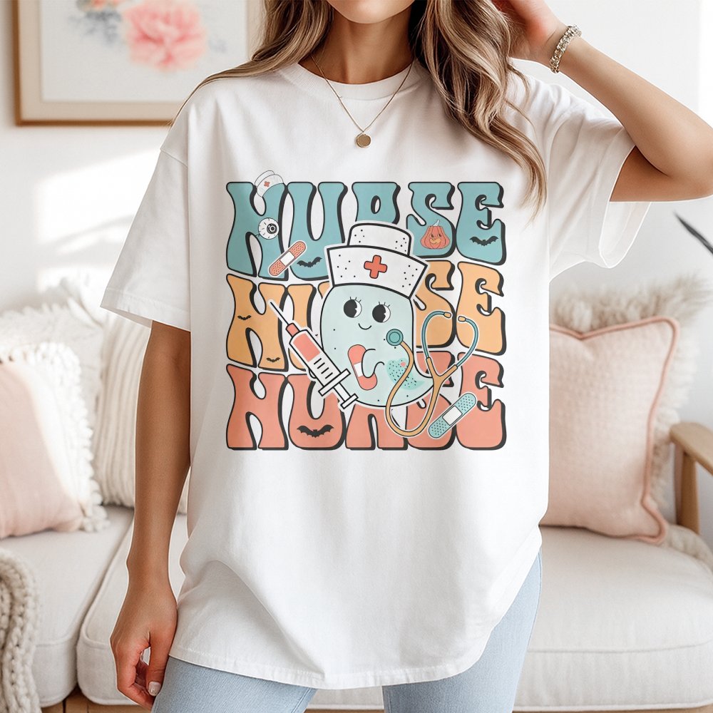Halloween T-Shirt For Women Nurse Nurse Nurse Graphic With Cute Ghost Nurse Pumpkin Syringe And Medical Icons Kawaii