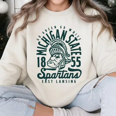 Michigan State University Spartans Artwork Sweatshirt, 1855 East Lansing Mascot Graphic Go Green Go White Game Day Sweatshirt