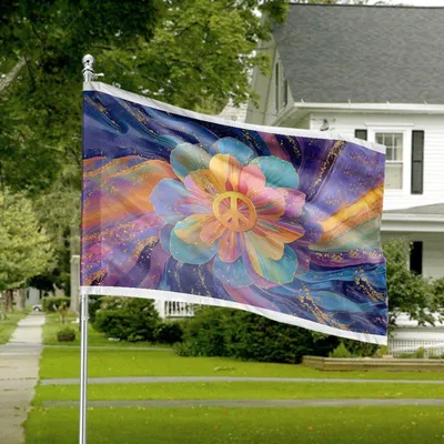 Colorful Peace Flower House Flag , Vibrant Abstract Art Yard Banner  Boho Hippie Outdoor Decor For Peace Lovers Horizontal House Flag