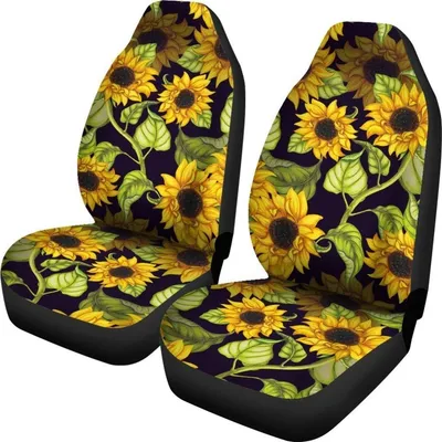 Sunflower Full Printed on Front Car Seat Protectors, Hand Drawn Sunflower Pattern Print Universal Fit Car Seat Covers