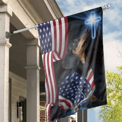 Dachshund Memorial Garden Flag, Christian Cross & Usa Flag, Patriotic Dog Lover Gift Vertical House Flag
