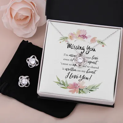 Missing You Girlfriend Friend Love Knot Necklace and Earrings Set Moving Away College Military