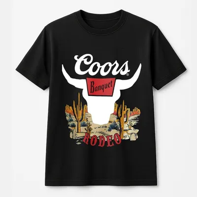 Coors Banquet Rodeo T-Shirt – Classic Bull Skull Front Logo With Desert Cactus And Rodeo Scene Back Graphic
