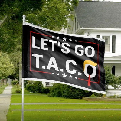 Let’S Go T.A.C.O House Flag, Political Satire Design With Stylized Hair And Red Tie, Stars And Red Border On Black Background Horizontal House Flag