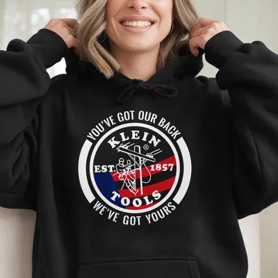 Klein Tools Hoodie Patriotic Lineman Graphic Hoodie With You'Ve Got Our Back Slogan, Workwear For Tradesmen, Electricians, And American Workers