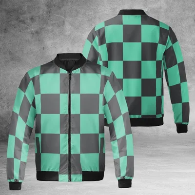 Demon Slayer Tanjiro Haori Checkered Bomber, Mint Green & Black Anime Pattern, Kimetsu No Yaiba Streetwear Bomber Jacket