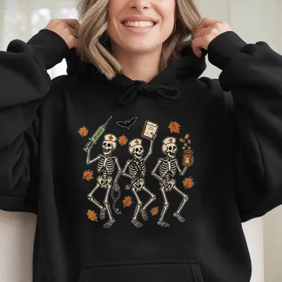 Dancing Skeleton Nurse Halloween Hoodie, Cute Spooky Medical Themed Hoodie, Funny Fall Medical Hoodie, Spooky Season Nur