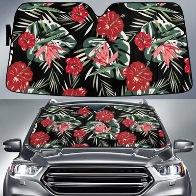 Red Chinese Hibiscus Flower Over Monstera Leaf Black Theme Car Sun Shades Cover Auto Windshield PrintSyde