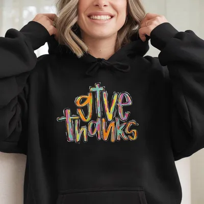 Colorful Brushstroke Give Thanks Jesus Cross Hoodie, Thankful Grateful Blessed Coquette Pumpkin
