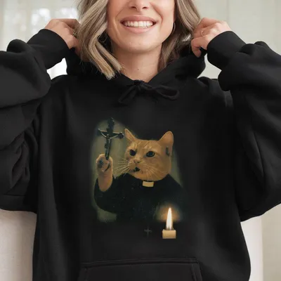 Funny Animal Vintage Graphic Hoodie Holy Feline Hoodie Cat Hoodie Unisex Meme Cringe Funny Hoodie Menswear Womenswear Street