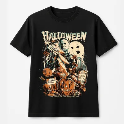 Michael Myers Halloween T-Shirt Scary Graphic With The Trick Is Stay Alive Quote, Pumpkins And Moon For Horror Addicts