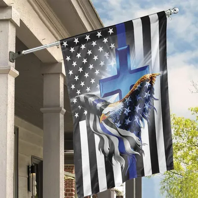 Bald Eagle With Cross And Thin Blue Line Flag, Faith And Freedom American House Flag Vertical House Flag
