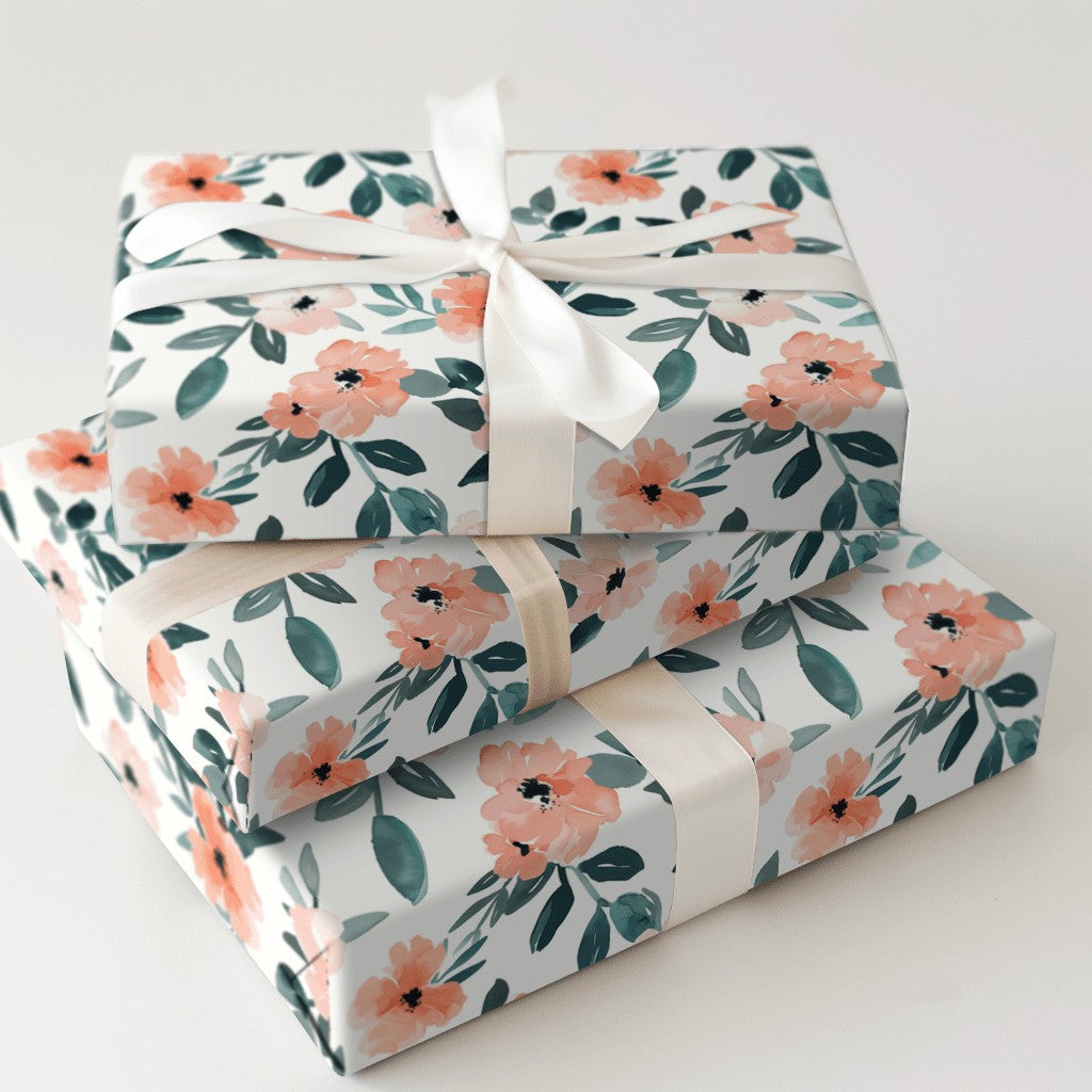 Watercolor Floral Gift Wrapping Paper | Peach Pink Flowers and Teal ...