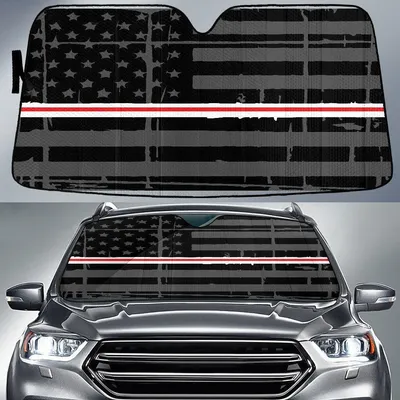 Thin Red Fire American Flag Printed Car Sun Shade Cover Auto Windshield PrintSyde