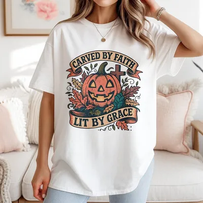 Religious Fall Faith T-Shirt Carved By Faith Lit By Grace T-Shirt Christian Halloween T-Shirt Jesus Falloween Graphic