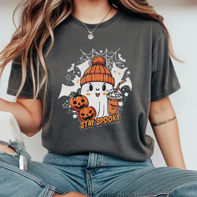 Halloween Stay Spooky Coffee T-Shirt Unisex Halloween T-Shirt Pumpkin Spooky Season Vibes T-Shirt For Daily Wear Casual