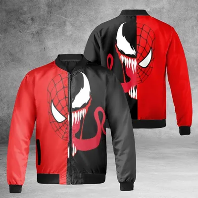 Unisex Venom Carnage Mask Bomber Jacket, Marvel Superhero Split Graphic, Black & Red Pop Culture Merch Bomber Jacket