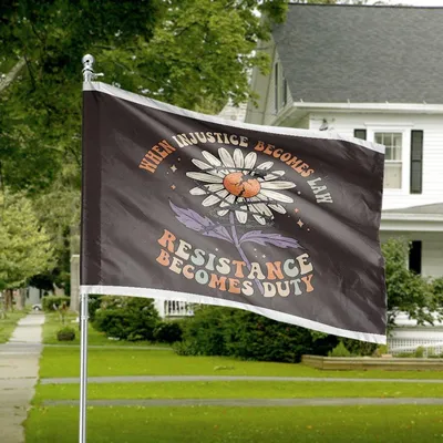 American House Flag, “No Human Is Illegal On Stolen Land” Rainbow Gradient Justice Message Horizontal House Flag