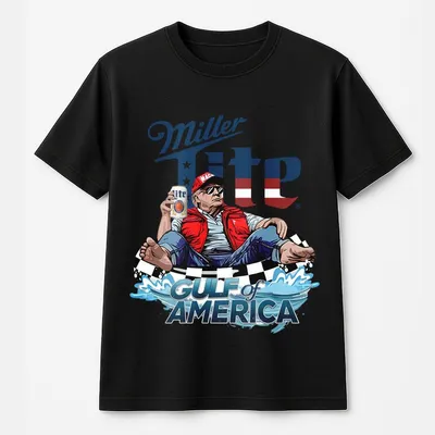 Trump Gulf Of America With Miller Lite T-Shirt, 'Gulf Of America' Tube Float Graphic, Patriotic Beer T-Shirt For Summer Fun