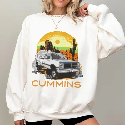 Cummins Desert Truck Sweatshirt White Pickup Graphic With Sunset Cactus Diesel Power Off Road Western Style