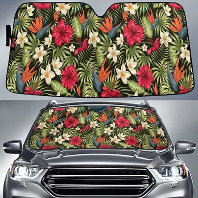 Red Hibiscus White Plumeria Bird Of Paradise Green Tropical Leaves Car Sun Shades Cover Auto Windshield PrintSyde