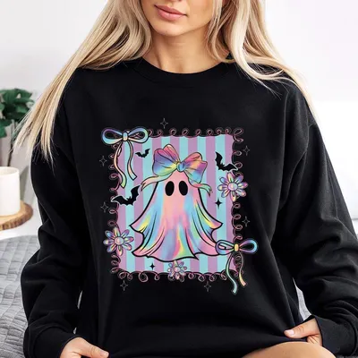 Preppy Halloween Ghost Sweatshirt Neon Pink Coquette Boo Design Cute Coquette Boo Ghost Sweatshirt Floral Spooky Season Design Girly