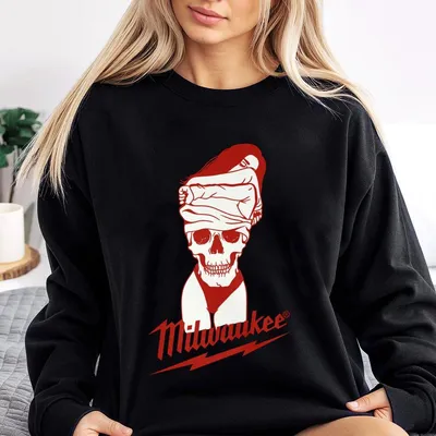 Milwaukee Skull Sweatshirt, Red Skull In Beanie With Bold Retro “Milwaukee” Text, Edgy Streetwear Sweatshirt For Men & Unisex Wear