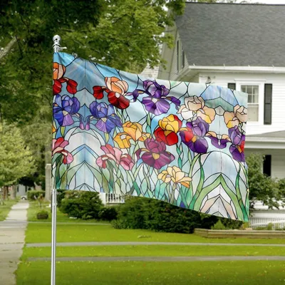 Horizontal House Flag Stained Glass Iris Flower - Colorful Spring Floral Art Decorative Yard Banner Horizontal House Flag