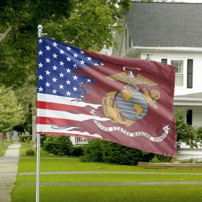 Us Marine Corps Horizontal House Flag, Tattered American Flag, Semper Fidelis, Patriotic Military Decor Horizontal House Flag