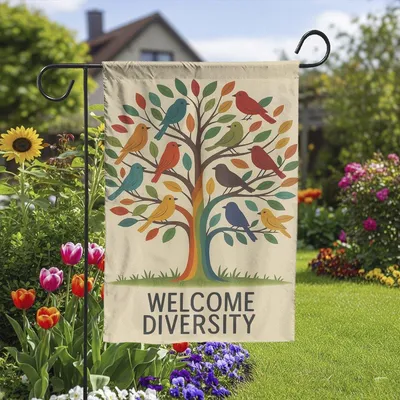 Welcome Diversity Garden Flag , Colorful Bird On Tree Of Inclusion, Outdoor Yard Banner For Celebrating Unity, Equality, And Community Pride Vertical Garden Flag