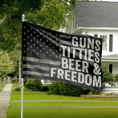 Guns Titties Beer & Freedom American House Flag, Military Style Patriotic Statement Horizontal House Flag