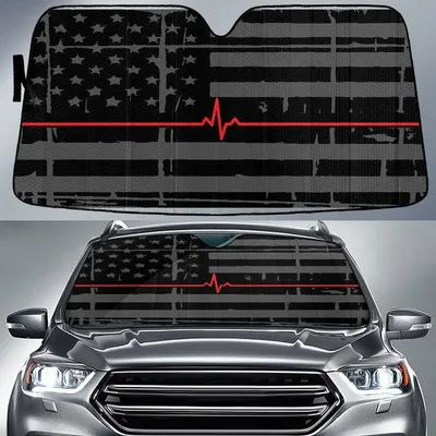 Red Heartbeat Black And Grey American Flag Printed Car Sun Shades Cover Auto Windshield PrintSyde