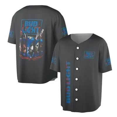 Bud Light Horror Movie Characters Baseball Jersey, Halloween Baseball Jersey, Scary Movie Fan Gift, Men'S Us Apparel