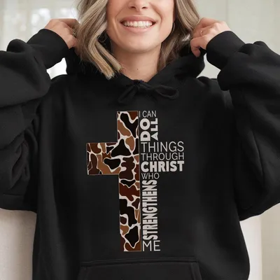 Christian Camo Cross Hoodie, Philippians 4_13 Verse, Faithful Believers & Outdoorsmen, Inspirational Graphic Hoodie For Daily Wear