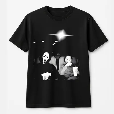 Halloween Character Vintage Graphic T-Shirt Michael Myers And Ghost Face In The Cinema T-Shirt Horror Movie T-Shirt Unisex