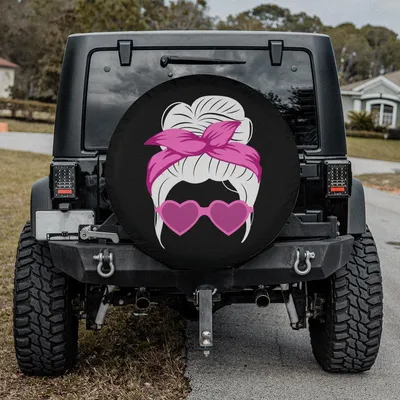 Pink Messy Bun Spare Tire Cover, Heart Glasses Bandana Design, Mom Life Wheel Protector, Funny Women Car Accessory Spare Tire Cover