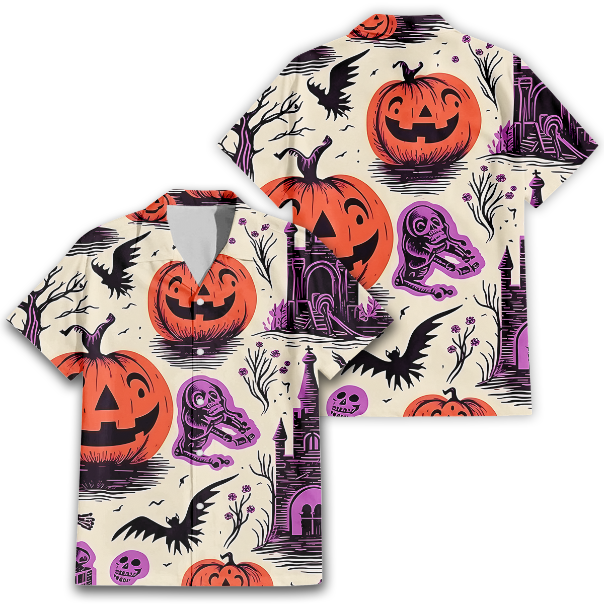 Risograph Halloween Hawaiian Shirt - Seamless Spooky Pattern