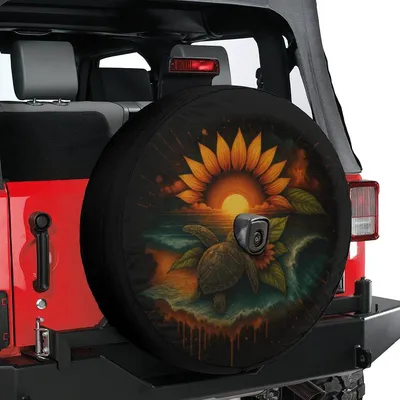 Sea Turtle Sunflower Sunset Spare Tire Cover, Tropical Ocean Wave Art, Nature Wildlife Design, Beach Lover Gift Spare Tire Cover